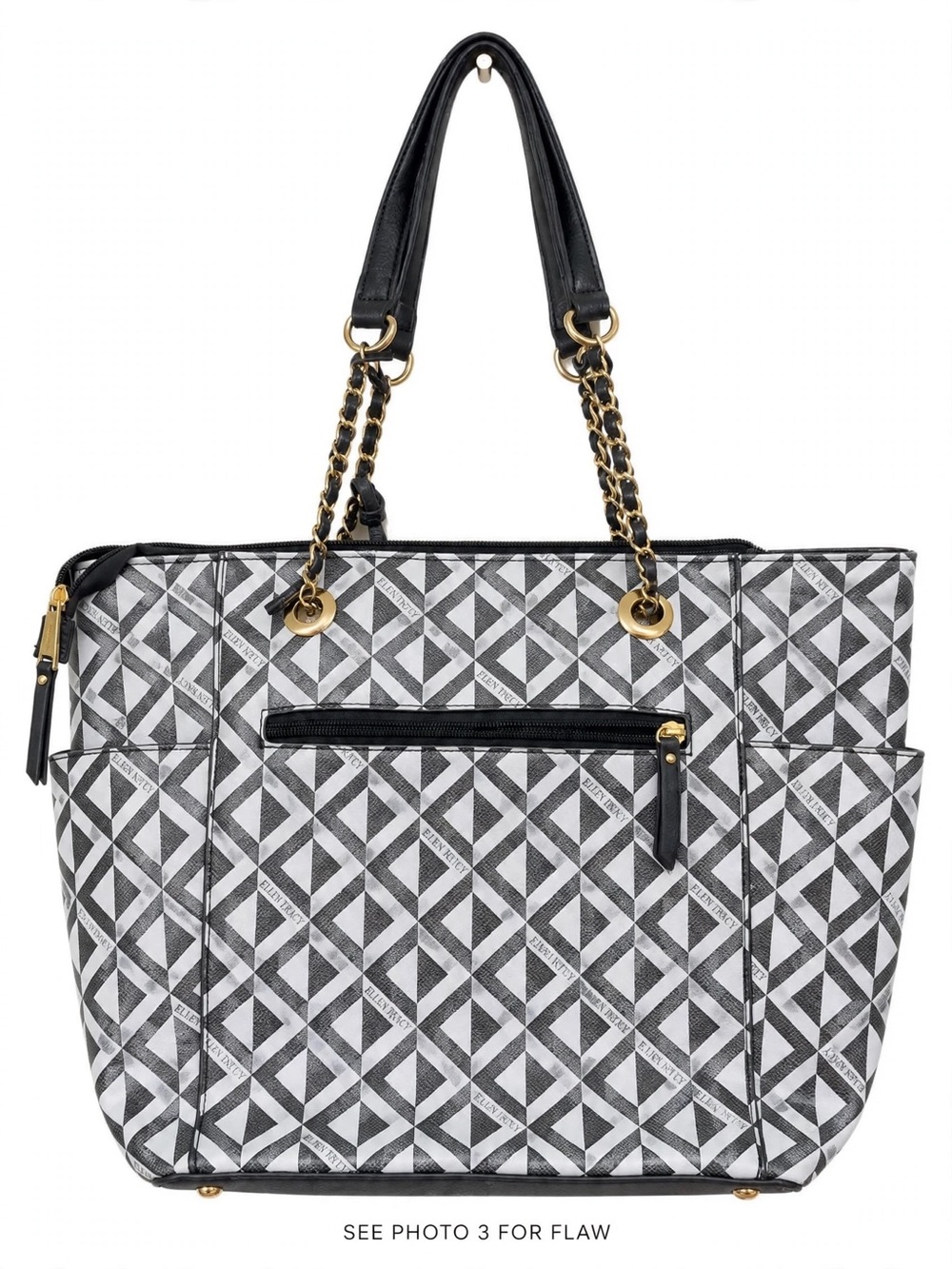 Ellen Tracy Geometric Tote Bag Black White Chain Gold Hardware Work Bag
